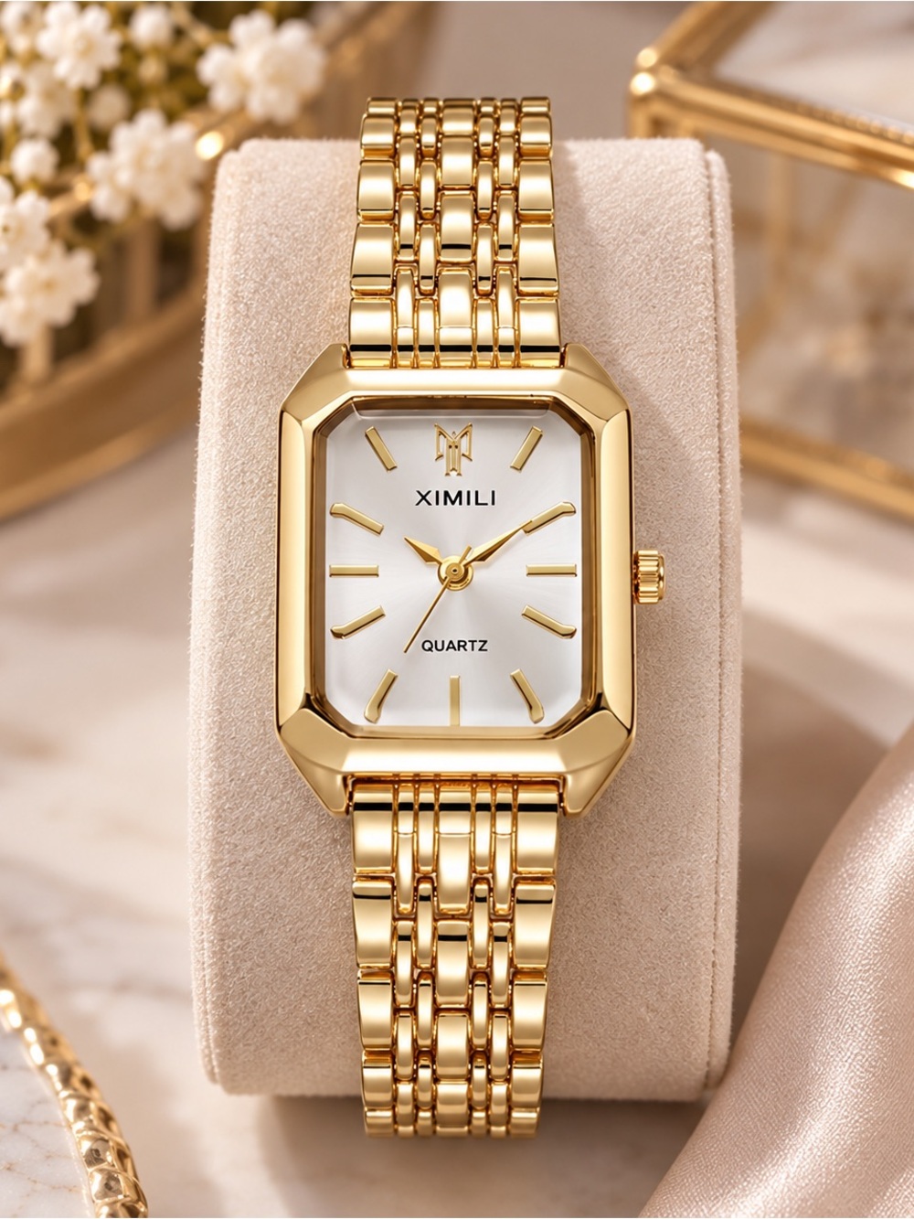 Gold Statement Rectangle Bracelet Watch - women’s jewelry - Picture 3 of 4